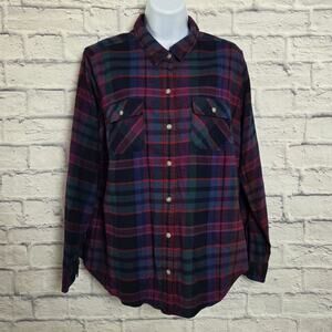 Eddie Bauer Shirt Womens Large Plaid Long Sleeve Button Down Purple Navy Green